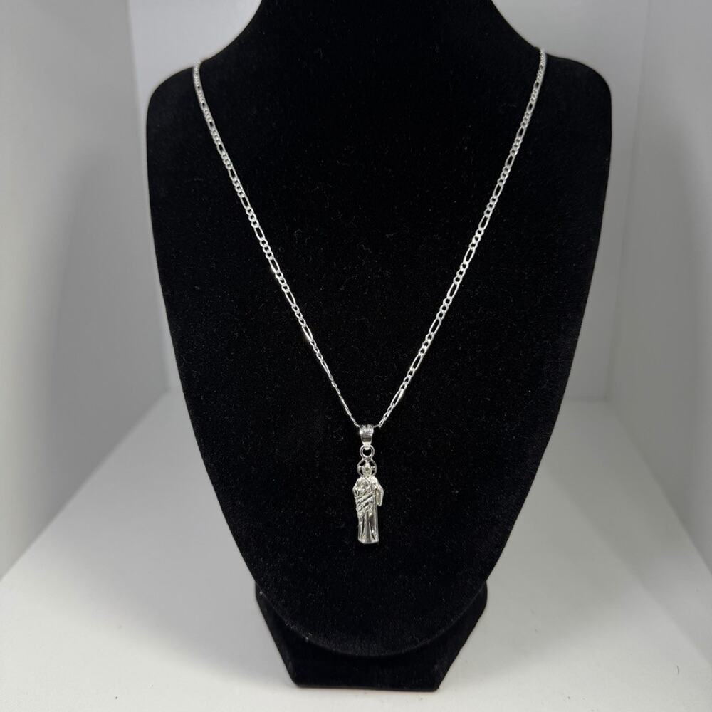 925 Sterling Silver San Judas Pendant Necklace 24 Inch Figaro Chain